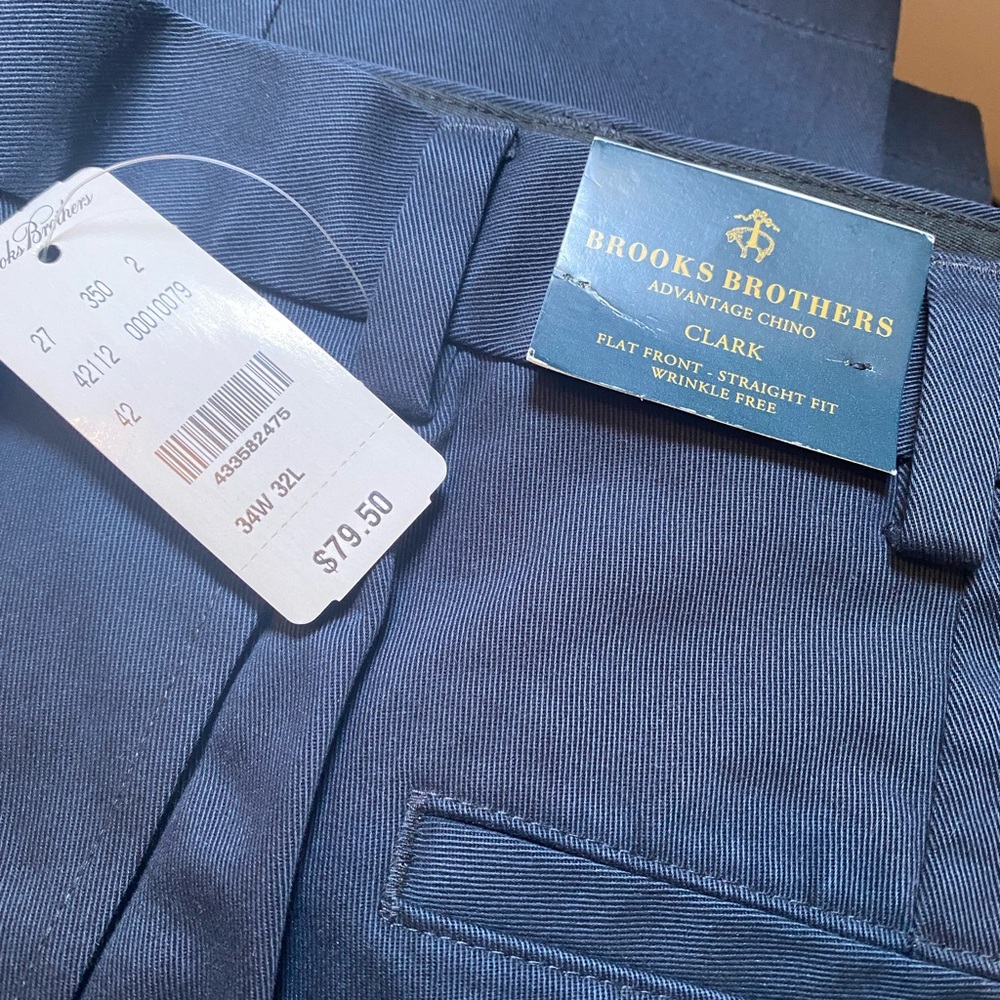 Brooks Brothers. Navy chinos. Clarke fit. Wrinkle free.